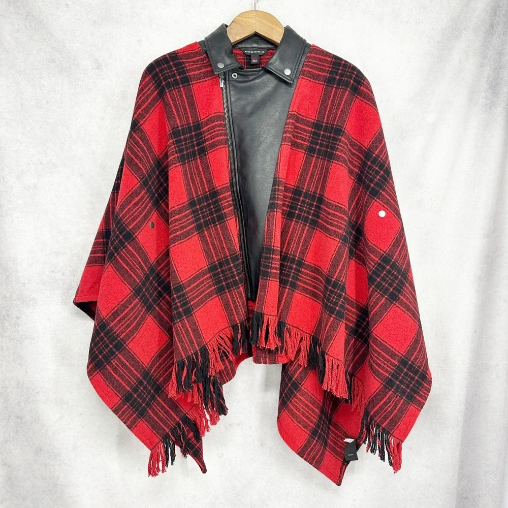 Rock & Republic Red Black Plaid Moto Poncho Faux Leather Trim Fringed‎ Size M/L